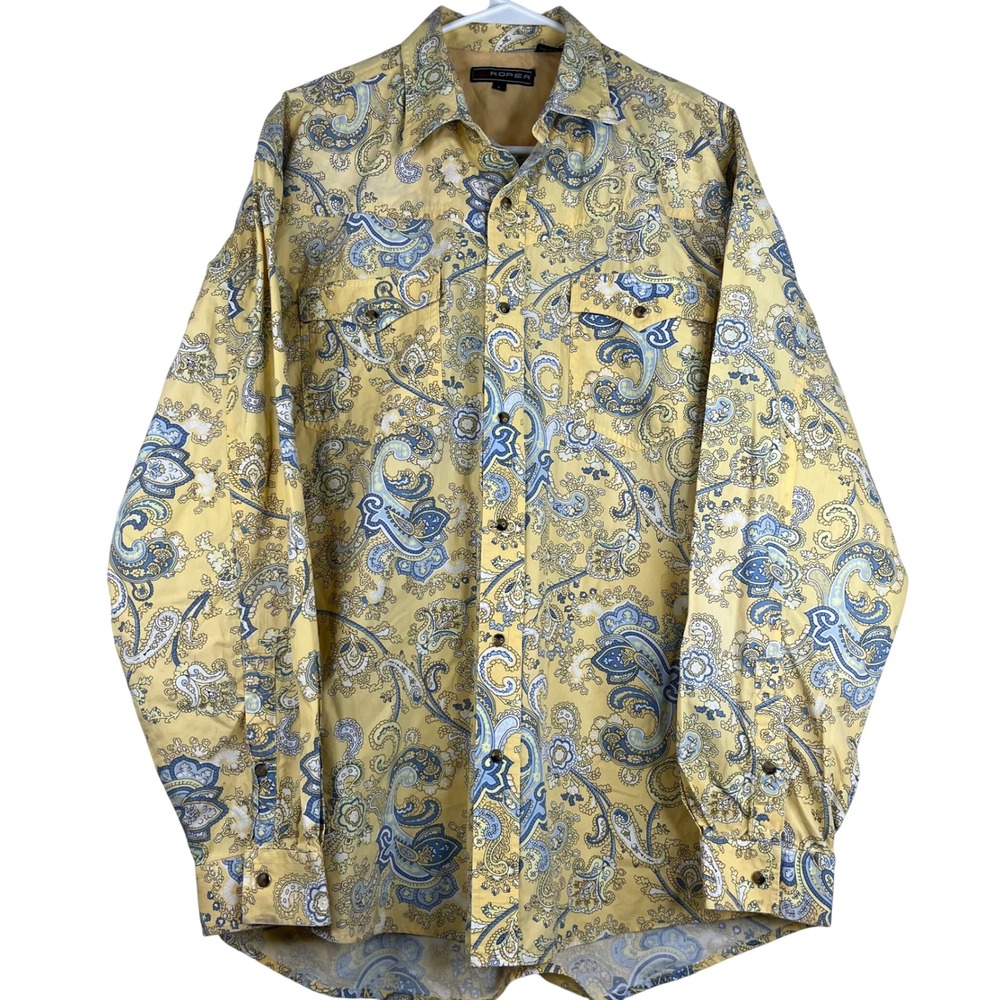 Roper Western Shirt Mens Large Yellow Paisley Long Sleeve Cotton Button Up Shirt